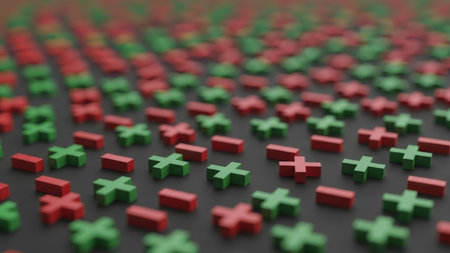 Red and green crosses on a black background. 3D rendering.の素材