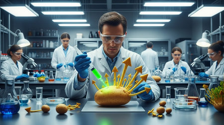 Genetically modified organism. Serious young scientist holding a test tube with a biohazard symbol while working in the laboratoryの素材