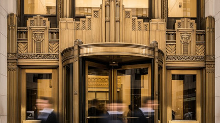 People walking by the entrance to the New York Stock Exchange.の素材