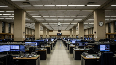 Interior of a modern office building with rows of computers and monitorsの素材