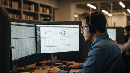 Side view of young caucasian male programmer working on desktop computer while sitting in officeの素材