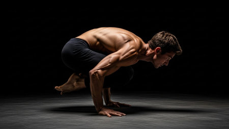 Young muscular man doing push-ups, studio shot over black backgroundの素材