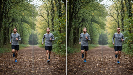 Collage of a man running in the forest, healthy lifestyle and fitness conceptの素材