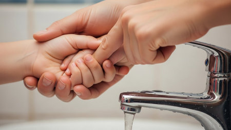 Close up of female hands washing their feet in the bathroom sink.の素材