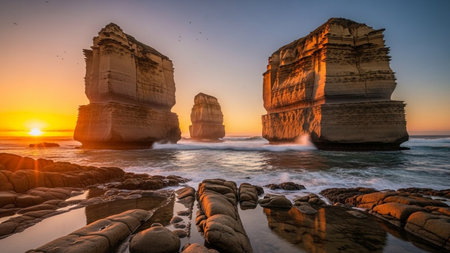 The image captures the breathtaking view of the Twelve Apostles, a collection of limestone stacks off the shore of the Port Campbell National Park, located on the Great Ocean Road in Victoria, Australia. The sun is setting in the background, casting a warm golden glow over the rugged cliffs and the surrounding ocean. The waves gently crash against the rocks, creating a serene and picturesque scene.の素材