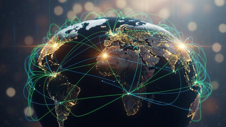 This image depicts a 3D rendering of the Earth surrounded by a network of glowing green lines and dots, symbolizing global connectivity and communication. The lines interconnect various continents, highlighting the interconnectedness of the world through technology and data exchange. The image conveys a sense of unity and the vast reach of modern communication networks.の素材