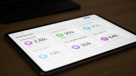 This image shows a tablet device displaying a digital dashboard with various health metrics. The dashboard includes sections for productivity trends, caloric intake, sleep monitoring, work-life balance scores, and step counts. Each section has a visual representation, such as graphs and icons, to provide a clear overview of the user's health and productivity data.の素材