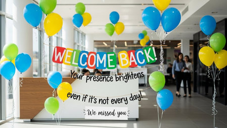 The image depicts a welcoming sign that reads 'Welcome Back! Your presence brightens even if it's not every day. We missed you.' The sign is surrounded by colorful balloons in blue, yellow, and green, creating a festive atmosphere. The setting appears to be an office or corporate environment, with people visible in the background.の素材