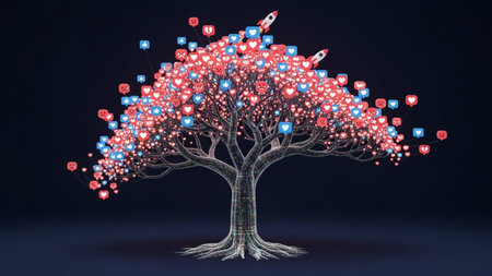 This image depicts a stylized tree with a digital theme. The tree has a metallic, wireframe structure, and its leaves are represented by various digital icons such as hearts, arrows, and speech bubbles. The leaves are illuminated in shades of red and blue, creating a vibrant and futuristic appearance against a dark background. The overall composition suggests a blend of nature and technology, symbolizing connectivity and digital interaction.の素材