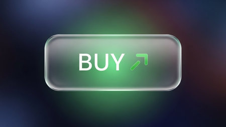 The image features a prominent green button with the word 'BUY' written on it. The button has a sleek, modern design with a gradient effect, transitioning from a darker to a lighter shade of green. An upward-pointing arrow is included next to the text, suggesting a call to action for purchasing. The background is blurred, drawing focus to the button.の素材