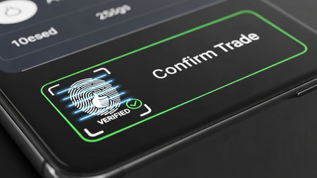 The image depicts a smartphone screen showing a 'Confirm Trade' prompt with a fingerprint icon and the word 'Verified'. The screen indicates that a trade has been confirmed using biometric authentication, specifically fingerprint verification. The interface is sleek and modern, emphasizing security and ease of use.の素材