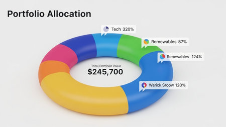 This image displays a portfolio allocation chart showing the distribution of investments across various sectors. The total portfolio value is $245,700. The sectors include Tech (32%), Renewables (124%), Renewables (87%), and Warick Snow (120%). Each sector is represented by a different color in the pie chart.の素材
