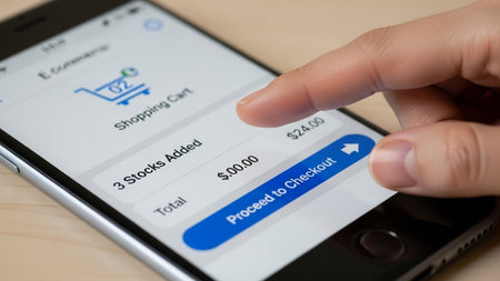 The image shows a user interacting with a mobile shopping app. The user is adding items to the shopping cart, which currently contains 3 items totaling $24.00. The user is about to proceed to checkout.の素材