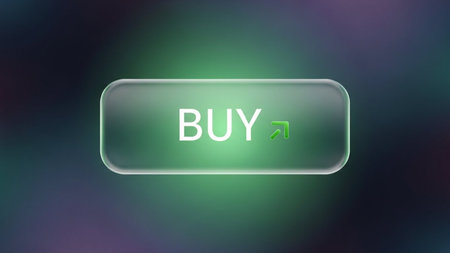 The image features a prominent green button with the word 'BUY' written on it. The button is highlighted with a glowing effect, making it stand out against a dark, gradient background. The design suggests a call to action for purchasing a product or service.の素材