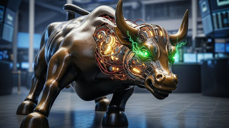 A bronze bull statue adorned with intricate gold and green decorations stands prominently in a financial district. The statue is a symbol of economic strength and growth, often associated with Wall Street. The detailed decorations on the bull's head and body add an artistic flair, making it a notable landmark in the area.の素材