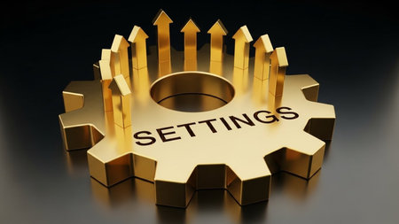 The image depicts a golden gear with the word 'SETTINGS' inscribed on it. Surrounding the gear are multiple upward-pointing arrows, symbolizing growth, progress, or optimization. The gear and arrows are rendered in a 3D style, emphasizing the importance and dynamic nature of settings and adjustments.の素材