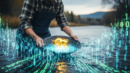 A person wearing a plaid shirt and overalls is seen planting a digital seedling into a virtual ground. The ground is composed of binary code, and the seedling glows with a warm, golden light. The background features a serene river and mountains, blending nature with technology. This image symbolizes the intersection of technology and nature, representing growth and innovation in the digital age.の素材