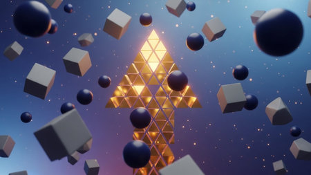 This image depicts a mesmerizing scene of various geometric shapes floating in a cosmic space. The central focus is a radiant, golden triangular structure surrounded by numerous cubes and spheres of different sizes. The background is a deep blue, reminiscent of a starry night sky, with scattered white dots representing stars. The overall composition creates a sense of depth and three-dimensionality, evoking a sense of wonder and curiosity about the universe.の素材