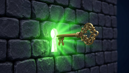 A golden key is inserted into a glowing green keyhole in a dark stone wall. The key emits a bright green light, creating an eerie and mystical atmosphere. The intricate design of the key and the vivid glow contrast sharply with the rough texture of the stone wall.の素材