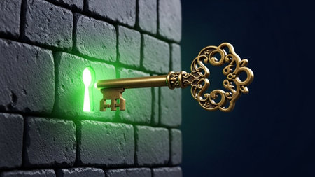 A golden key with intricate designs is inserted into a lock within a stone wall. The key emits a soft green glow, illuminating the lock and the surrounding area. The scene suggests themes of mystery, access, and revelation.の素材