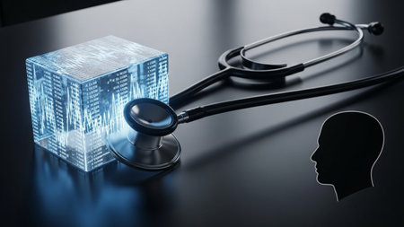 Digital head and stethoscope on black table. 3d renderingの素材