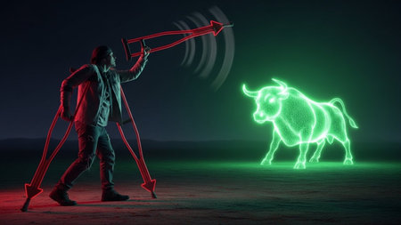 Image of businessman with arrows and bull against digitally generated image of landscapeの素材