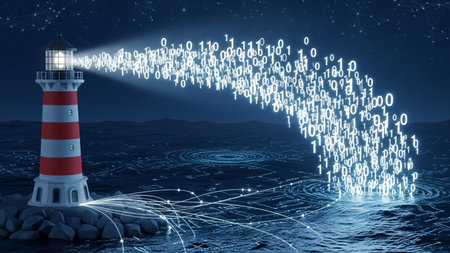 A lighthouse with a beam of light emitting binary code, representing the guidance and safety provided by digital technology in the vast expanse of data. The lighthouse stands on a rocky shore with waves gently lapping against it, symbolizing the intersection of traditional navigation and modern technology.の素材
