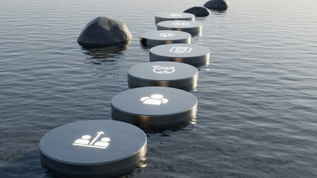 A series of circular stepping stones with symbols float on a calm body of water. The stones are arranged in a straight line, leading from one side of the image to the other. Each stone has a unique symbol, and a large rock is positioned at the beginning of the line. The scene is serene, with the water reflecting the stones and the sky.の素材