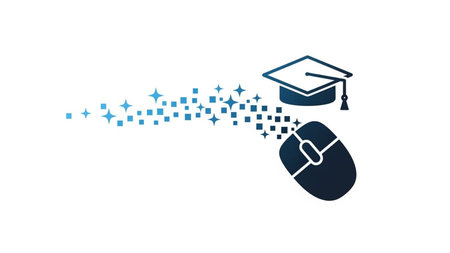 The image features a graduation cap resting on top of a computer mouse. The mouse is connected to a trail of digital stars, symbolizing the intersection of education and technology. This visual emphasizes the importance of digital learning and the integration of technology in modern education.の素材