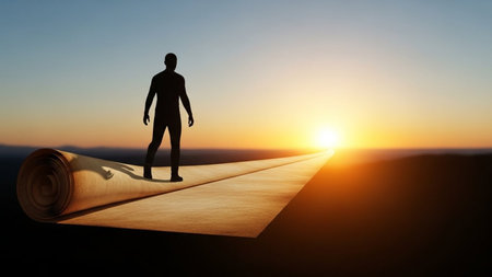 The image depicts a silhouette of a person standing on an unrolled scroll, with the sun setting in the background. The scene suggests a journey or exploration of the future, symbolized by the scroll's length and the setting sun. The figure appears to be contemplating or preparing to embark on a path laid out before them.の素材