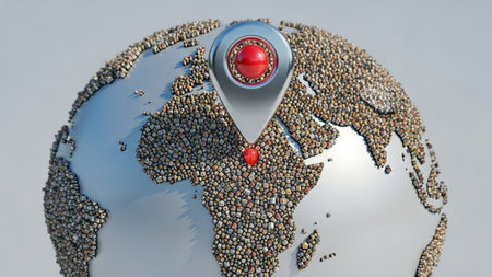The image depicts a 3D rendering of a globe with a prominent red location marker pinpointing a specific area. The globe is composed of numerous small, multicolored spheres, giving it a textured appearance. The red marker stands out against the globe, drawing attention to the marked location.の素材