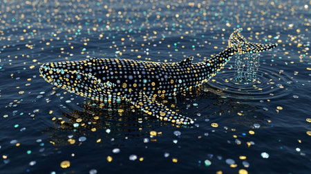 A whale shark, the world's largest fish, gracefully swims in the vast open ocean. Its distinctive spotted pattern is clearly visible against the deep blue water, and it appears to be surrounded by small fish or plankton. The serene environment highlights the beauty and majesty of marine life.の素材