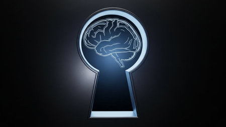 An image featuring a keyhole revealing a glowing brain, symbolizing the unlocking of knowledge, understanding, or mental potential. The brain is depicted in a futuristic, illuminated style, emphasizing the concept of intellectual discovery or enlightenment.の素材