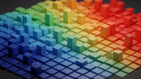 This image showcases a vibrant array of small cubes arranged in a gradient pattern. The cubes transition smoothly from deep blues and greens to bright yellows and reds, creating a visually striking effect. The arrangement and lighting enhance the three-dimensional appearance of the cubes, making the image both dynamic and captivating.の素材