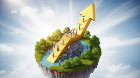 The image depicts a group of people collaboratively climbing an upward-pointing arrow that represents a globe. The arrow symbolizes growth, progress, and unity among the individuals. The background features a clear sky, suggesting optimism and potential. The scene emphasizes teamwork and the collective effort required to achieve global success and development.の素材