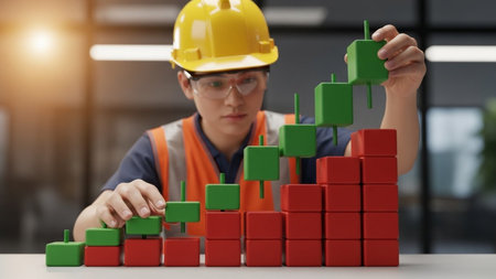 An engineer, wearing a yellow hard hat and safety glasses, is carefully arranging blocks to represent a bar graph. The graph appears to show data with green and red blocks, indicating different metrics or stages of a construction project. The engineer is focused on the task, suggesting a meticulous approach to data analysis and project management.の素材