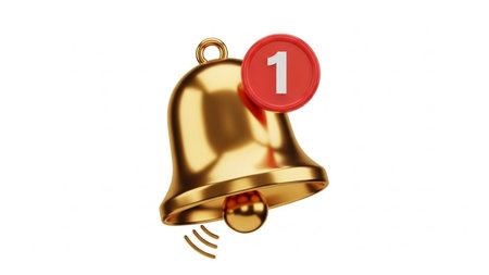 A golden bell with a red circular badge displaying the number one attached to it. The bell has a classic design with a clapper inside, indicating it is ready to ring. The background is plain white, putting full emphasis on the bell and the number one badge.の素材