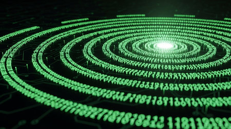 The image depicts a mesmerizing spiral composed of green numbers against a dark background. The numbers are arranged in concentric circles, creating a sense of depth and movement. The spiral effect gives an impression of data or information flowing in a continuous loop.の素材