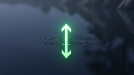 The image features a green arrow pointing upwards, set against a dark, reflective water surface. The arrow is centered and surrounded by gentle ripples, creating a serene and tranquil atmosphere. The arrow's vibrant green color contrasts sharply with the dark background, making it the focal point of the image.の素材