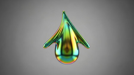 A single, vibrant droplet captures the light, displaying a spectrum of colors as it floats against a neutral background. The droplet's surface reflects a mesmerizing blend of rainbow hues, creating a striking visual effect. The image emphasizes the beauty and complexity of water in motion.の素材