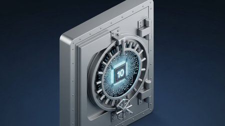 The image depicts a secure digital vault with a combination lock displaying the number 10. The vault is designed with a metallic exterior and features a digital interface for enhanced security. The combination lock is prominently positioned, emphasizing the importance of secure access. The overall design suggests a high level of protection for valuable digital assets.の素材