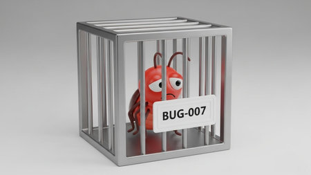 A whimsical cartoon bug with a red body and googly eyes is trapped inside a metallic cage. The cage has a label on the front that reads 'BUG-007'. The background is a plain gray color, putting the focus entirely on the bug and its cage.の素材