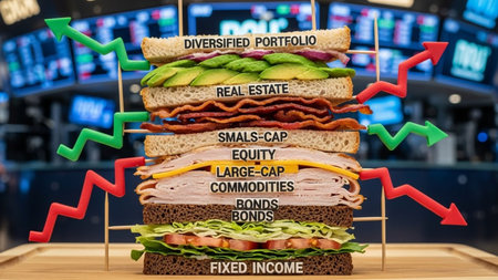 This image illustrates a diversified investment portfolio using a multi-layered sandwich. Each layer of the sandwich represents a different asset class: fixed income at the base, bonds, commodities, large-cap, equity, small-cap, real estate, and finally a diversified portfolio at the top. The image is set against a stock market background, emphasizing the financial context. Green and red arrows indicate market trends, suggesting the importance of diversification in investment strategies.の素材