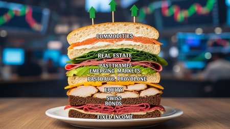 The image depicts a sandwich with each layer representing different types of investments. The top layer is labeled 'Commodities,' followed by 'Real Estate,' 'Basel III,' 'Emerging Markets,' 'Fixed Income,' 'Equity,' 'Swiss Bonds,' and 'Fixed Income' at the bottom. The sandwich is placed on a plate, and the background shows a financial market setting with charts and graphs.の素材