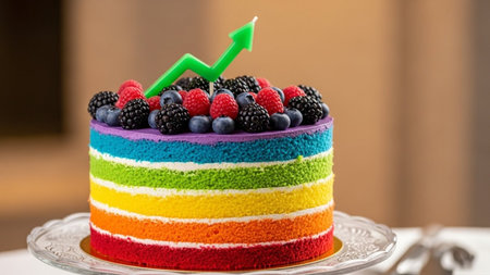 A vibrant, multi-layered cake featuring distinct colors of the rainbow, topped with an assortment of fresh blackberries, raspberries, and blueberries. A green fondant arrow candle symbolizing success is placed on top, adding a festive touch. The cake is presented on a clear glass cake stand, enhancing its visual appeal.の素材