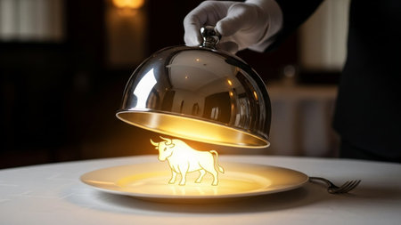 A waiter is carefully lifting a metal cloche to reveal a delicately presented dish featuring a small sculpture of a bull. The scene is set in a sophisticated dining environment, highlighting the elegance and artistry of fine dining.の素材