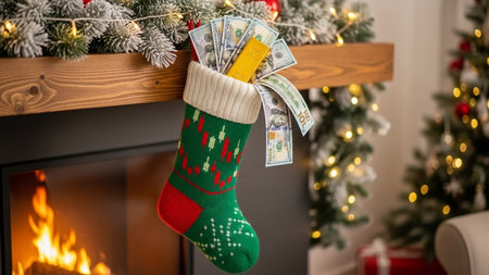 A festive Christmas stocking hangs from a wooden mantelpiece, filled with cash. The stocking is decorated with a green and red pattern, and a white ribbon is tied around the top. The mantelpiece is adorned with holiday greenery and a cozy fireplace is lit in the background. A small decorated Christmas tree is visible to the right, adding to the festive atmosphere.の素材