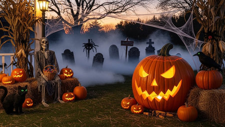 A spooky Halloween scene featuring a haunted cemetery with carved pumpkins, a jack-o-lantern, scarecrows, and eerie fog. The atmosphere is enhanced by the dim lighting and silhouettes of trees in the background.の素材