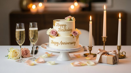 A beautifully decorated cake sits on a table adorned with champagne glasses, candles, and scattered rose petals. The cake features messages for both a birthday and an anniversary, surrounded by a romantic ambiance with soft lighting and elegant decorations.の素材