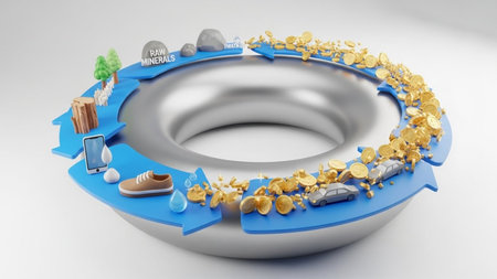 This image depicts a circular economy concept using a recycling symbol as the central theme. Surrounding the recycling symbol are various objects representing different stages of the recycling process. On one side, there are items such as a smartphone, shoes, and a water bottle, indicating the collection of waste. The middle section shows a shredder and a melting pot, symbolizing the breakdown and processing of materials. The outer ring features gold coins and green plants, representing the value creation and sustainability aspects of the circular economy. The overall design emphasizes the importance of recycling and sustainability in modern society.の素材